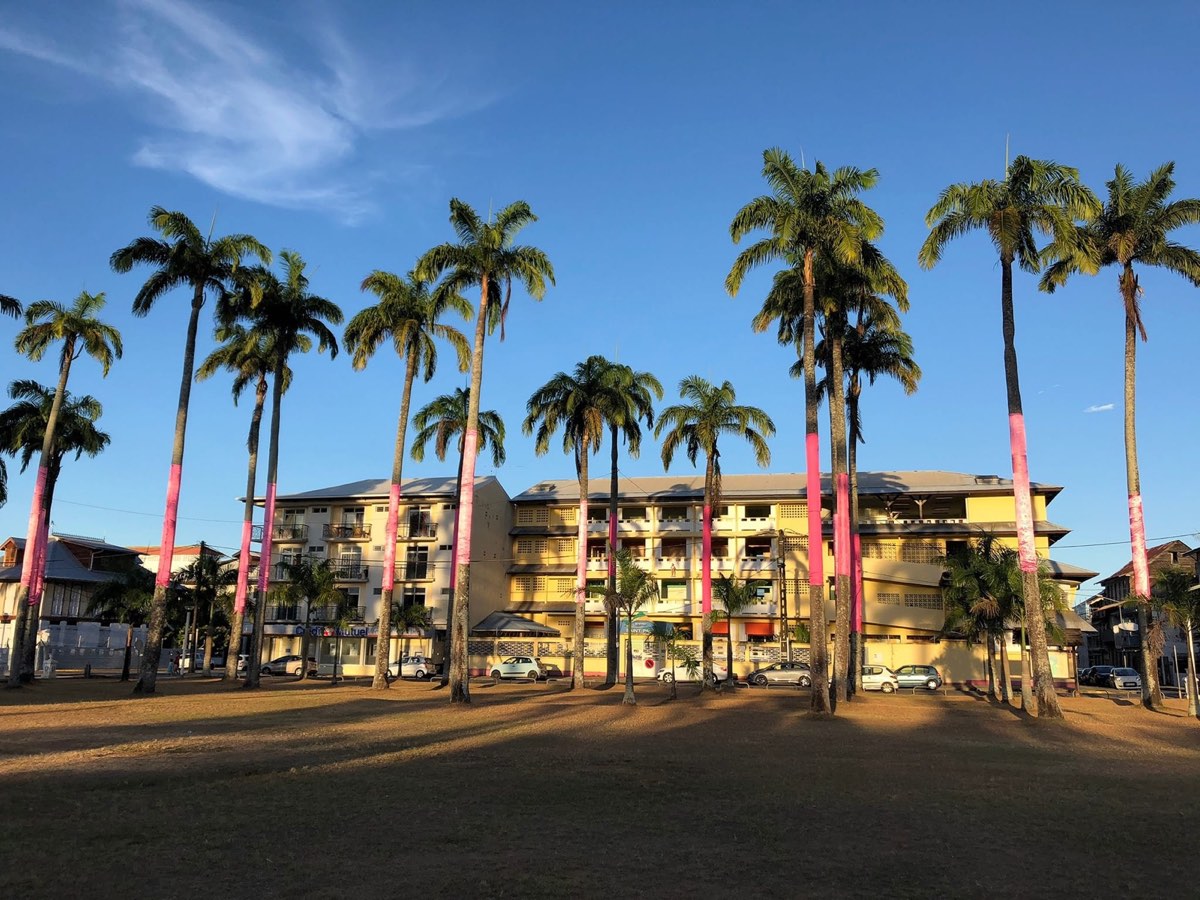 La Place des Palmistes à Cayenne à l'heure dorée